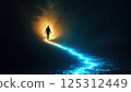 A solitary figure is walking on a winding path illuminated by a bright, warm light at the end. The surrounding environment is shrouded in darkness, adding to the mysterious atmosphere. The path is 125312449