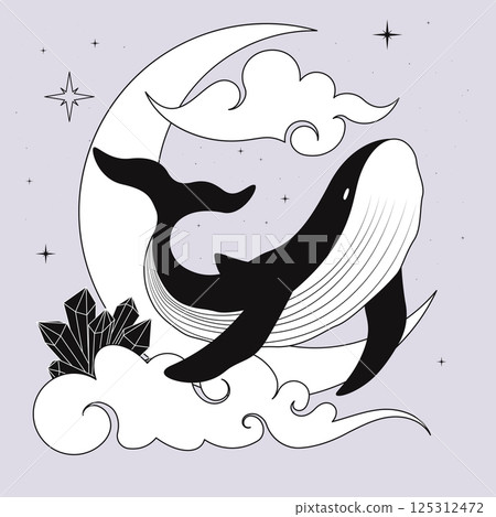 whale and moon in clouds 125312472