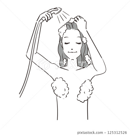 A woman rinsing her shampooed hair in the shower A woman rinsing her shampooed hair in the shower 125312526