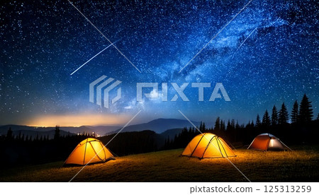 Camping tent under a starry sky with shooting stars and meteor showers 3DCG illustration Camping tent under a starry sky with shooting stars and meteor showers 3DCG illustration 125313259