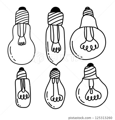 Set of hand drawn light bulbs. Doodle style light bulbs. Vector illustration 125313260