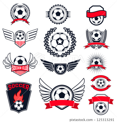 Set of Soccer logos, badges and design elements. Collection symbol of football: soccer ball, heraldry, insignia. Vector illustration. Set of Soccer logos, badges and design elements. Collection symbol of football: soccer ball, heraldry, insignia. Vector illustration. 125313291