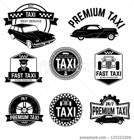 Taxi labels template. Taxi service. Design elements for logo, label, emblem, sign, badge. Taxi labels template. Taxi service. Design elements for logo, label, emblem, sign, badge. 125313309