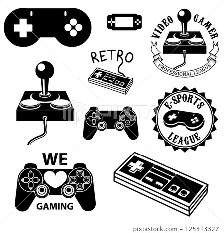 set of electronic sports badges and labels in vintage style with gamepads set of electronic sports badges and labels in vintage style with gamepads 125313327