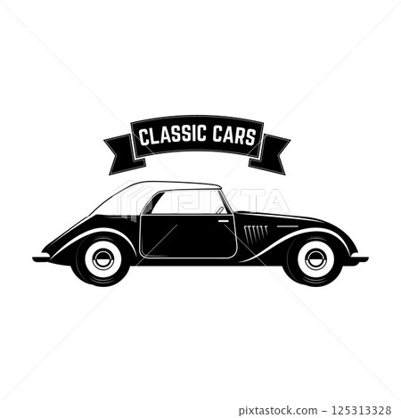Vintage cars sale. Retro car icon. Car repair. Design element for logo, label, emblem. Vector illustration. 125313328