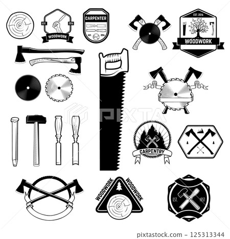 Carpentary and woodwork emblems. Set of logo, labels, badges and logotype elements for sawmill, carpentry and woodworkers 125313344