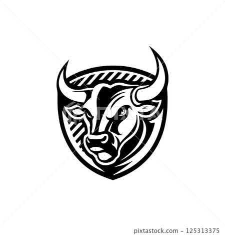 Bull head in engraving style. Design element for logo, label, emblem, sign, poster. Vector image Bull head in engraving style. Design element for logo, label, emblem, sign, poster. Vector image 125313375