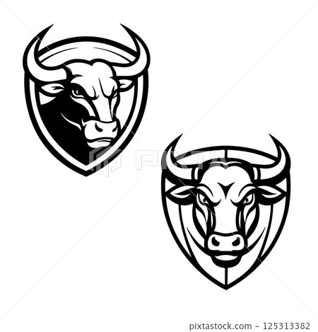Bull head in engraving style. Design element for logo, label, emblem, sign, poster. Vector image 125313382