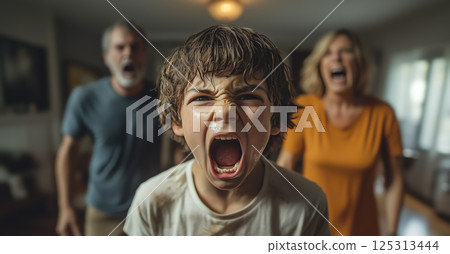 A child cries while parents argue in the background. The crying child highlights the emotional pain and turmoil caused by parental arguments. Generative AI. 125313444