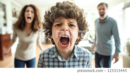 A child cries while parents argue in the background. The crying child highlights the emotional pain and turmoil caused by parental arguments. Generative AI. 125313445