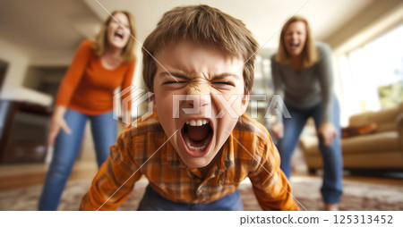 A child cries while parents argue in the background. The crying child highlights the emotional pain and turmoil caused by parental arguments. Generative AI. 125313452