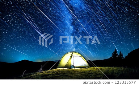 Camping tent under a starry sky with shooting stars and meteor showers 3DCG illustration 125313577