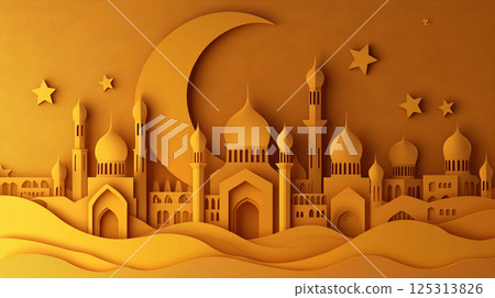 Fantastic mosque-style architecture background illuminated by orange moon and stars 125313826