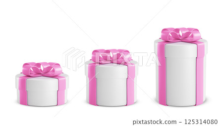 Gift boxes set with round lids with pink ribbons Gift boxes set with round lids with pink ribbons 125314080