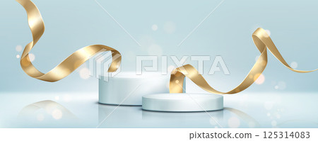 Gold ribbon streamers and round podiums Gold ribbon streamers and round podiums 125314083