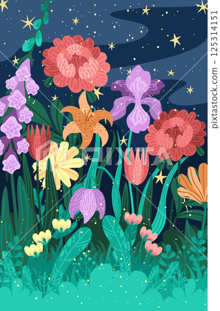 Blooming flowers postcard in mystical night garden. Vector floral design with detailed plants and greenery. Starry night sky and lush foliage background. Bright garden bouquet for print projects 125314151