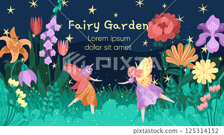 Vector of fairies dancing in fantasy garden with bright flowers. Starry night sky and lush foliage background. Magical garden scene with winged girls in round dance. Fairy tale prints and cards Vector of fairies dancing in fantasy garden with bright flowers. Starry night sky and lush foliage background. Magical garden scene with winged girls in round dance. Fairy tale prints and cards 125314152