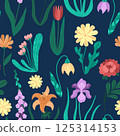 Seamless floral pattern with wildflowers and leaves. Colorful botanical repeat design on dark blue background. Vector texture with lilies, daisies, peony and greenery. For fabric, wallpaper, wrapping 125314153