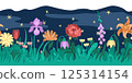 Blooming flowers illustration in mystical night garden. Vector floral seamless border with detailed plants and lush greenery and starry sky background. Bright garden bouquet for print projects 125314154