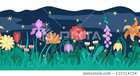Blooming flowers illustration in mystical night garden. Vector floral seamless border with detailed plants and lush greenery and starry sky background. Bright garden bouquet for print projects Blooming flowers illustration in mystical night garden. Vector floral seamless border with detailed plants and lush greenery and starry sky background. Bright garden bouquet for print projects 125314154
