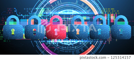Digital cybersecurity concept with padlocks symbolizing data protection and security. Vector technology background. 125314157