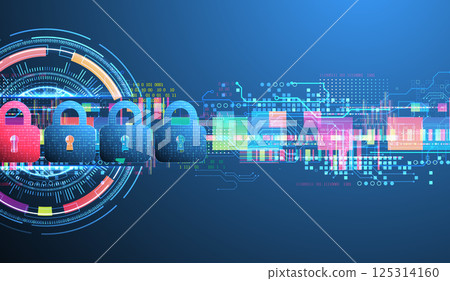 Digital cybersecurity concept with padlocks symbolizing data protection and security. Vector technology background. Digital cybersecurity concept with padlocks symbolizing data protection and security. Vector technology background. 125314160