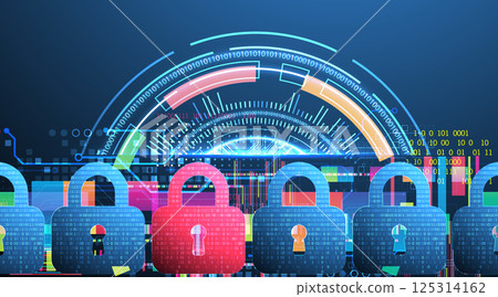 Digital cybersecurity concept with padlocks symbolizing data protection and security. Vector technology background. Digital cybersecurity concept with padlocks symbolizing data protection and security. Vector technology background. 125314162