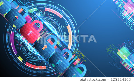 Digital cybersecurity concept with padlocks symbolizing data protection and security. Vector technology background. 125314163