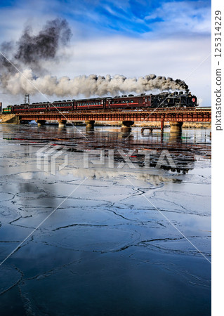 Steam Locomotive Winter Marsh Train crossing a frozen river 125314229