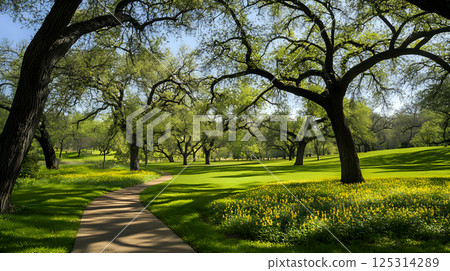 Winding path through lush springtime park with wildflowers blooming 125314289