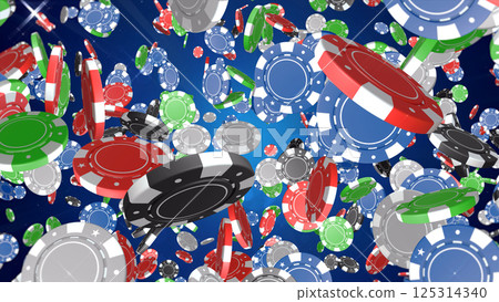 Casino chips scattered around - blue background Casino chips scattered around - blue background 125314340