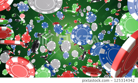 賭場籌碼散落各處 — — 綠色背景 125314342