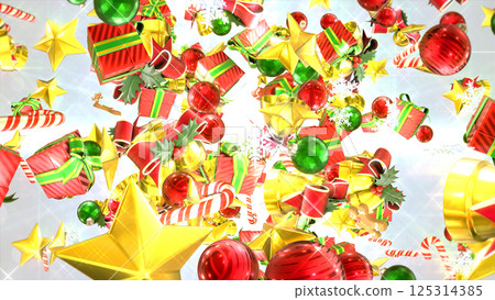 散落在周圍的聖誕飾品 — — 白色背景 散落在周圍的聖誕飾品 — — 白色背景 125314385