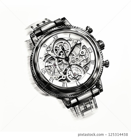 Black and white sketch of a wristwatch with a white dial and a black bezel. Black and white sketch of a wristwatch with a white dial and a black bezel. 125314438