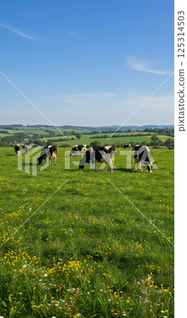 Cows grazing on green grass under a clear blue sky Cows grazing on green grass under a clear blue sky 125314503