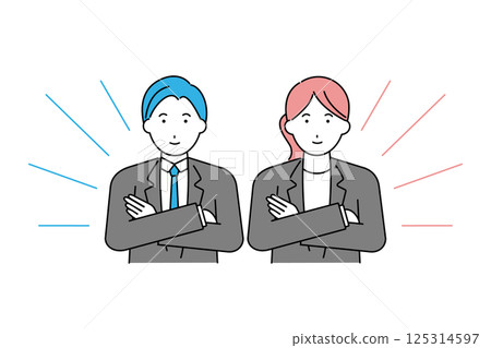 Illustration of a young man and woman in a suit with their arms crossed 125314597