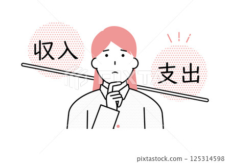 Illustration of a woman struggling with a situation where her expenses are greater than her income Illustration of a woman struggling with a situation where her expenses are greater than her income 125314598