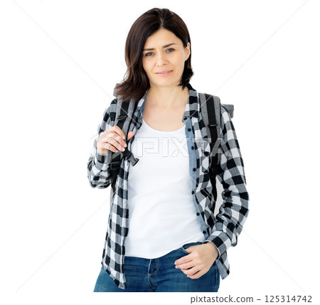 Pretty Woman With Backpack Isolated On A White Background 125314742