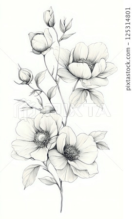 Artistic floral clip art showcases diverse flowers in monochrome 125314801