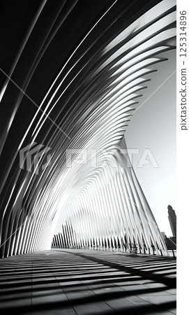 Futuristic white architecture with sleek curves and shadows in black and white 125314896