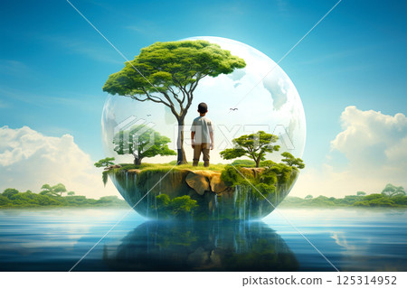 Young boy and elephant standing together in harmony, symbolizing love for nature and ecological balance. A globe in the background represents the interconnectedness of the world 125314952