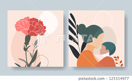 Mother's day card Mom hugging child with carnation Mother's day card Mom hugging child with carnation 125314977