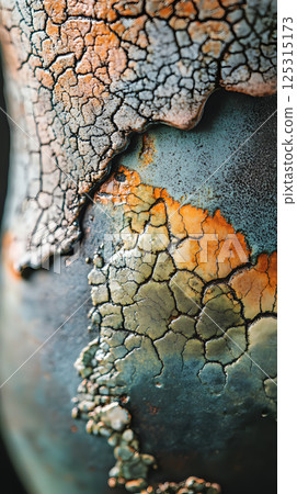 Close-up of textured ceramic pottery with intricate crack patterns and natural glaze 125315173