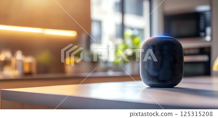 Chic smart speaker elegantly placed on a contemporary kitchen counter 125315208