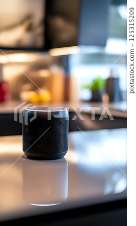 Stylish smart speaker seamlessly integrated into a modern kitchen 125315209