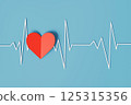 White heartbeat line with red heart shape on blue background. 125315356