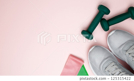 Athlete's equipment set dumbbells, resistance band. Healthy lifestyle 125315422