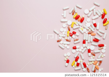 Various medication tablets and capsules. Concept of healthcare and medicine Various medication tablets and capsules. Concept of healthcare and medicine 125315514