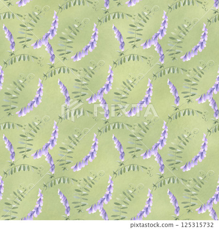 Wildflowers lilac mouse pea. Seamless floral watercolor pattern on green background. Hand drawn sketch meadow violet flowers for fabric print, textile and wrapping. Endlessly repeating ornament. 125315732
