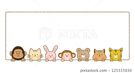 Hand-drawn style cute animal frame with faces peeking out 125315830